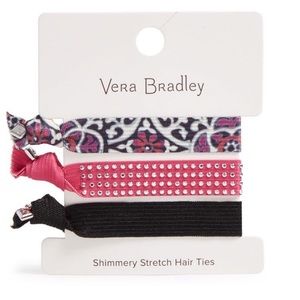 Vera Bradly Stretch Hair Ties Scroll Medallion, Black, White, Pink